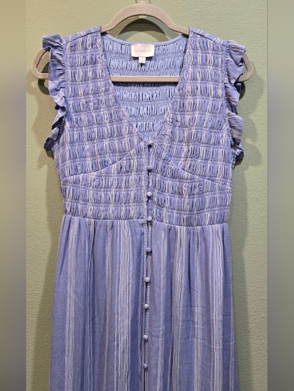 Sugarlips Evianna Flutter Midi Dress with ruched bocide — Blue Stripe Size Small - Picture 3 of 8